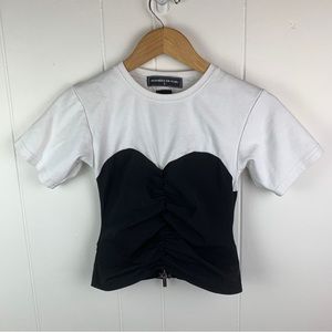 Maniere De Voir Top Cropped Ruched Front Zipped Back Black White Women’s Size 8